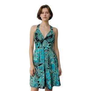 Corey P. Turqouise/Black Floral Abstract Halter Knee Length Flare Dress 10